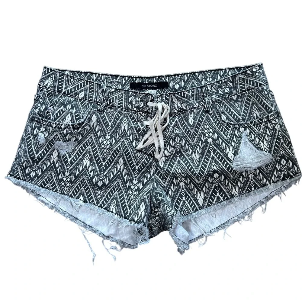 Billabong‎ Womens Tribal Boho Festival Mini Shorts Black White Western 2000s 29